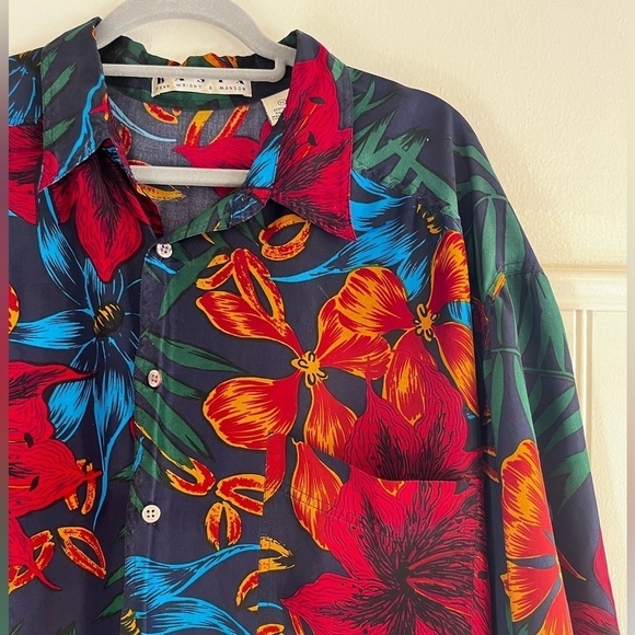 Mens Vintage Basix 100% Silk Hawaiian Shirt size XL Green Red Blue Orange Floral - Picture 3 of 9